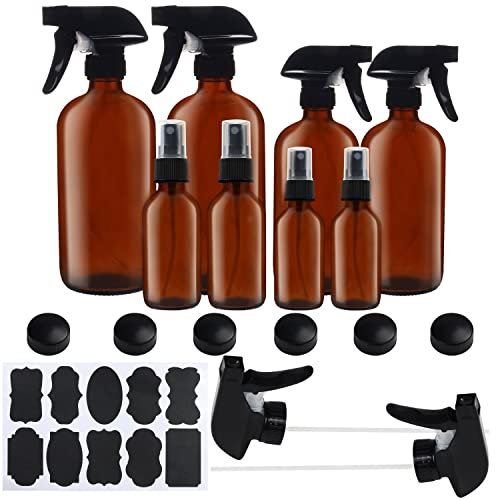 BELLE VOUS Set Bote Spray Pulverizador Cristal Ámbar (Pack de 8) 57-455 ml Variadas Botella con Rociador Vacías con Etiquetas y Tapas – Aceites Esenciales, Limpieza, Aromaterapia, Perfume