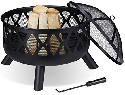 Relaxdays Brasero Exterior con Protector Antichispas, Cuenco Fuego Jardín y Terraza, Atizador, Acero, Ø 62 cm, Negro