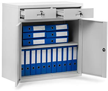 Domator Armario Metálico C17B Armario de Oficina con 2 cajones Puertas batientes Metal con Recubrimiento en Polvo Cerrable con Llave 90 cm x 90 cm x 40 cm (Gris)
