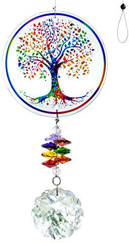 H&D HYALINE & DORA Crystal Rainbow Suncatcher Glass Tree of Life Ornaments,Hanging Chakra Beads Pendant for Window