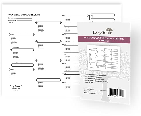 EASYGENIE Five Generation Pedigree Charts (30 Acid-Free Sheets, 8.5 by 11 inches) Blank Genealogy Diagrams To Fill In