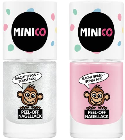 MINICO Premium Kinder Nagellack 2er Set Glitzer & Rosa, 2 x 5ml, abziehbar, kindgerecht, wasserbasis, derma-getestet, vegan, peel-off entfernbar