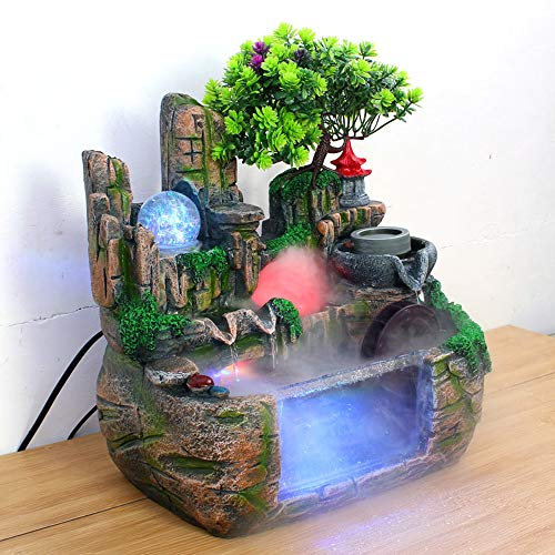 Zimmerbrunnen mit LED Beleuchtung Gartenbrunnen Desktop-Brunnen Zierbrunnen Harz Wasserfall Dekoration Mit Zerstäuber für Zuhause Büro