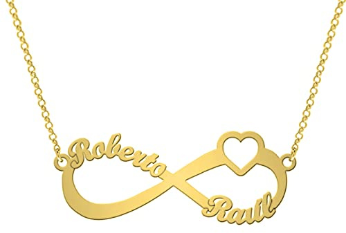 Collar Infinito Plata Personalizado con Corazón - Hasta 3 Nombres - Colgante con Cadena - Regalo para Mamá, Hijos o Pareja - Plata de Ley/Chapado en Oro - Mi Joya Personalizada (Oro, 2 Nombres)