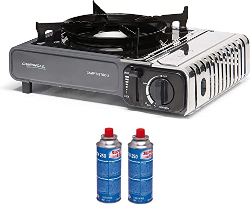 FYSHOP. PACK Camping Camp Bistro hornillo de Gas Individual, hornillo de Camping, Potencia 2200 W + 2 CARTUCHOS DE GAS SUPER EGO