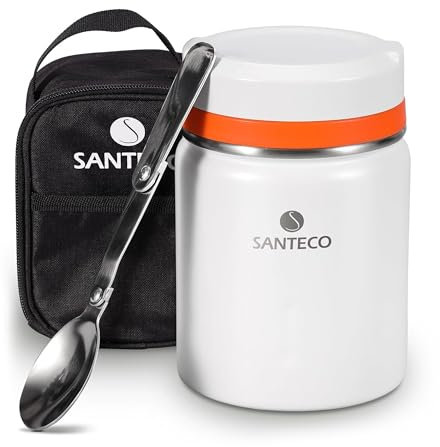 SANTECO Thermobehälter für Essen 500ml, 18/8 Edelstahl Warmhaltebehälter Speisegefäß für Essen mit Löffel und tragbaren Isolierbeutel, 24 Stunden Kalt (weiß)