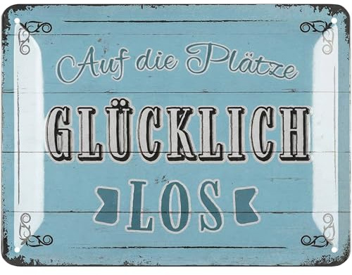 LANOLU Retro Blechschilder Sprüche - Auf die Plätze Glücklich los - vintage Metallschilder mit Sprüchen als Wanddeko für Küche und Garten - Shabby Chic Deko Geschenk in Holz Optik 15x20cm