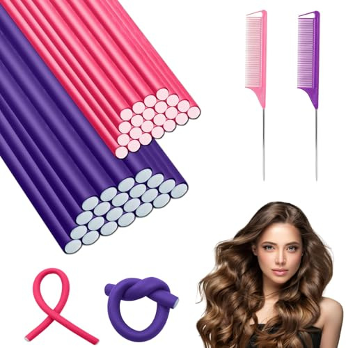 ZOCONE 40PCS Flexi Rods for Hair Thick, 80mm+120mm Foam Hair Rollers for Long Hair Satin Heatless Curlers Bendy Foam Hair Rollers for Short Medium Long Hairstyles (Pink, One Size)