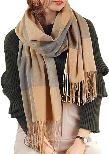 JFAN Schal kariert für Damen Winter Schal Pashmina Warmer Stola mit Baumwolle Fransen Scarves Cashmere Scarf for Women Shawls Wraps Gelb One Size