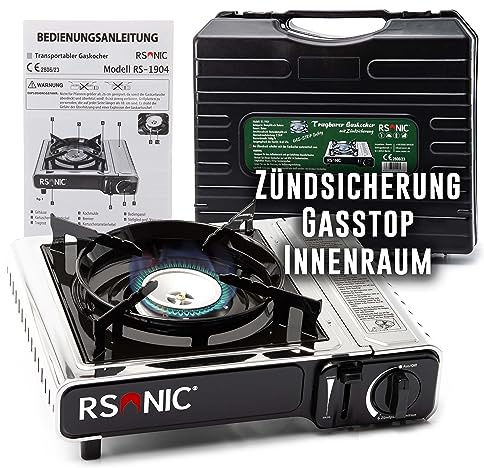 Rsonic Gaskocher mit Zündsicherung GASSTOP für Innenraum | Campingkocher Set mit Kartuschen für Outdoor kochen Balkon Camping (Nur der Gaskocher)