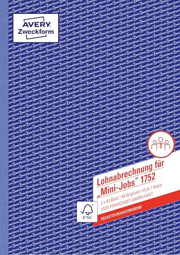AVERY Zweckform 1752 Lohn-/Gehaltsabrechnung Mini-Job (A4, 2x40 Blatt, selbstdurchschreibend, vom Finanzamt anerkannt, für geringfügig Beschäftigte, mit Dokumentation gem. Mindestlohngesetz) weiß/gelb