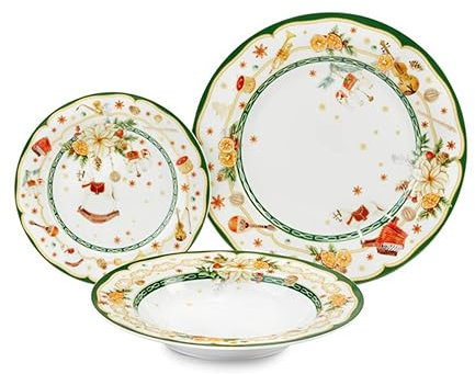 Fade Set mit 18 Weihnachtstellern für 6 Personen aus weißem/grünem Porzellan mit „Gillian“-Dekorationen