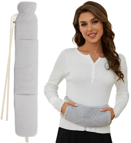 Long Hot Water Bottle with Cover, 2L Large Hot Water Bottles with Hand Pocket Warmer Soft Fleece Cover, Extra Long Rubber Hot Water Bag with Zipper Cover for Back Neck Shoulder and Period Pain Relief
