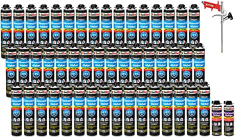 Isolbau B2 Dämmstoffkleber SET - 48 x 750 ml Perimeterkleber, 1 x PU-Schaum-Reiniger & 1x Schaumpistole für EPS & XPS-Platten - 1K PU-Klebeschaum für Fixieren & Befestigen