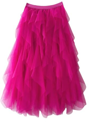 Falda de tul irregular para mujer, falda larga de malla, falda larga de tutú de cintura alta sólida, fucsia, Talla única