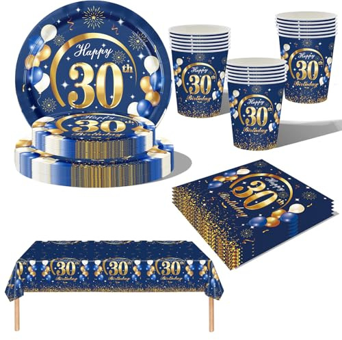 69Pcs Navy Blue Gold 30th Birthday Party Tableware, Blue 30th Birthday Tableware Set with Paper Plates, Napkins Serviette,30th Table Cloth,Paper Cups for Women Men Birthday Party Table Decorations