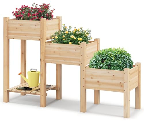 COSTWAY 3 Tier Raised Garden Bed, Fir Wood Elevated Planter with Storage Shelf, Drainage Holes, Wooden Vertical Flower Growing Box for Patio Yard Balcony