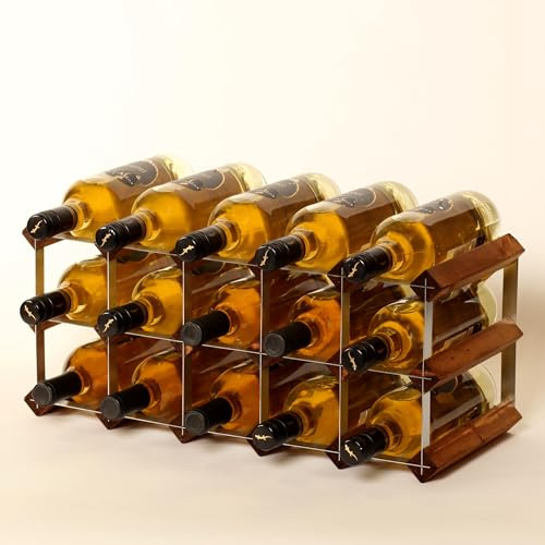 Classic 15 Bottle Oak Stained Wood and Galvanised Metal Wine Rack