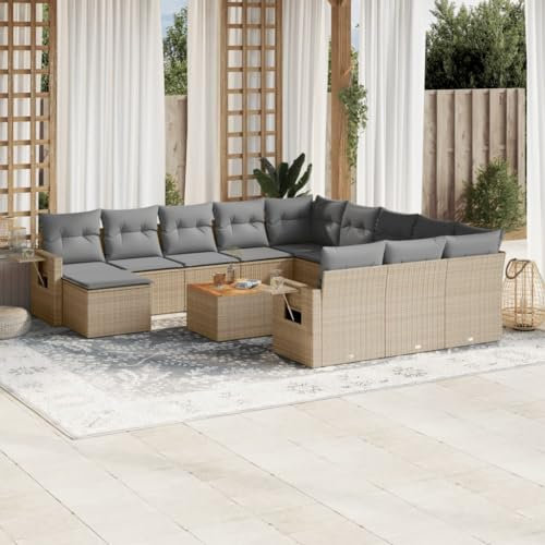 Rantry 13-TLG. Gartenmöbel Set mit Kissen Gartensofa Balkonmöbel Gartenlounge Loungesofa Sitzgruppe mit Gartentisch Rattansofa Ecksofa Ecklounge Loungemöbel Beige Poly Rattan