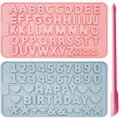 ZBHDEYG Juego de moldes de silicona con forma de letras y números, color rosa y azul, 20,8 x 11,5 x 0,3 cm, espátula de silicona rosa, 15,5 x 0,8 cm