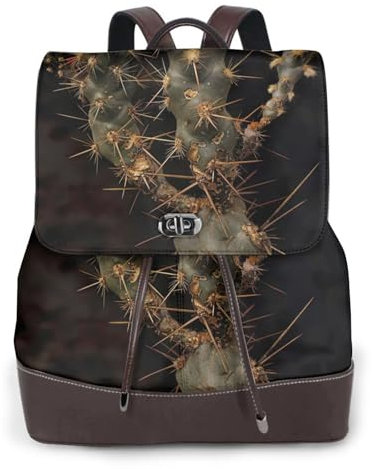 ZISHAK Cactus Print Genuine Leather Backpack,Fashionable Ladies Shoulder Bag For All Occasions, Black, One Size