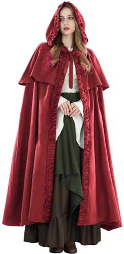 Fiamll Cape médiévale pour femme - Manteau à capuche avec manchette - Couleur unie - Trench-coat Renaissance - Cape gothique - Cosplay - Costume d'Halloween, rouge, S