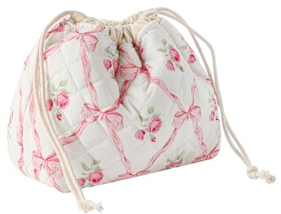 uekeboag Cotton Quilted Drawstring Makeup Bag with Canvas Lining,Coquette Aesthetic Cute Travel Toiletry Bag,Drawstring Gift Bag for Women and Girls（03Pink Bows）