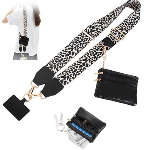 Strap with Zippered Pouch, Clip and Go Phone Wallet Crossbody, Adjustable Lanyard Charm for Women, Cross Body String (Leopard)