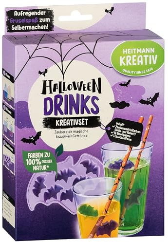HEITMANN KREATIV - Halloween Drinks Kreativset - Pulverfarben auf Pflanzenbasis - grün & violett - bunte DIY Drinks und Eiswürfel in Fledermausform