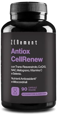 Antiox CellRenew with Trans-Resveratrol, CoQ10, NAC, Pomegranate, Vitamin C & Selenium - Antioxidant & Cellular Energy Support, 90 Vegan Capsules - Zenement