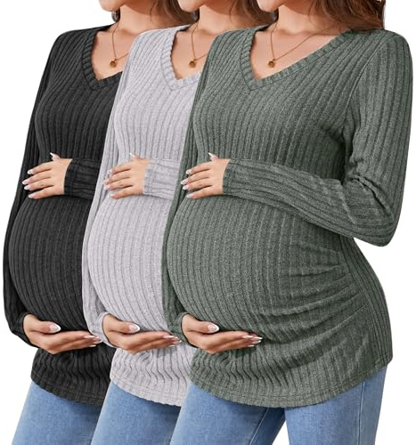 Ficerd Camisetas de Maternidad 3 Piezas, Ropa de Embarazo de Manga Larga, Cuello en V, suéter Acanalado para mamá(Verde Militar, Gris Claro, Negro,XXL)