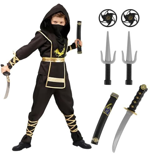 Kitimi Déguisement Ninja pour Enfants Garçons, Noir Doré Ensemble de Ninja Costume avec Fléchettes Masques Ceinture Dagues Ninja Cosplay Ensemble pour Halloween Fête de Kung Fu Carnaval Noël Party