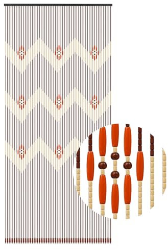 Garbenat Perlenvorhang - 90 x 195cm Bambusholzvorhang 60-Zeilen Retro Teilervorhang mit Holz Perlen, Welle Muster-Perlen Türvorhang Baumwollfaden Seilvorhang - Rot, Braun