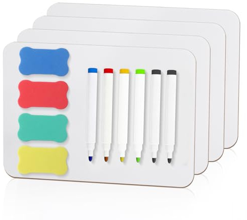Packung mit 4 Mini Whiteboards A4, doppelseitig, 6 Stifte, 4 Radiergummis | 4 doppelseitige Mini Whiteboards A4 (21x30 cm), tragbar und perfekt für Klassenzimmer, Zuhause und Büro.