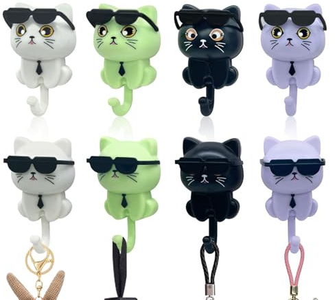 LUMOOM Lot de 4 crochets autocollants pour vêtements, clé, lunettes de soleil, chats, crochets muraux mignons