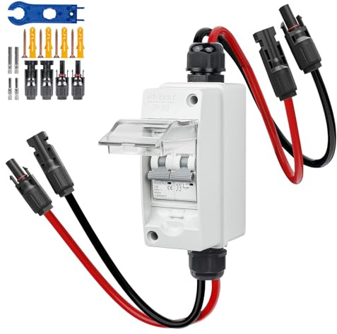 WSPIHO PV Sicherungsautomat 2 Polig für PV Anlage,IP65 Wasserdicht Gehäuse Verteilerkästen,DC Trennschalter Leitungsschutzschalter mit Photovoltaik Kabel (20A DC500V)