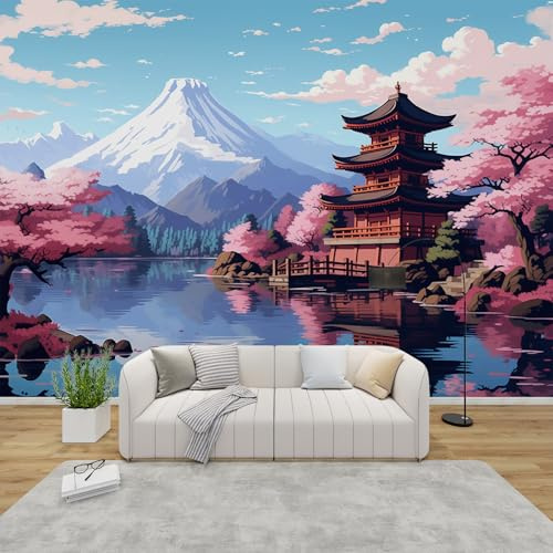 GEDAEUBA Papier Peint Panoramique Japonais Paysage, Papier Peint Intissé Motif Fleur de Cerisier et Mont Fuji, Tapisserie Panoramique Salon, Décoration Murale Chambre, 150x105 cm