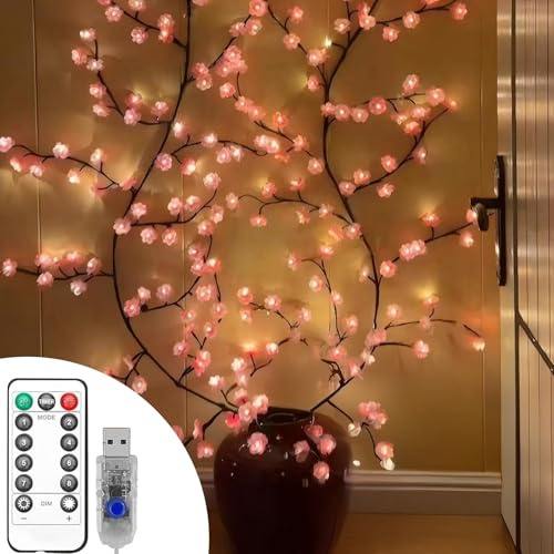 Kirschblüten LED Lichterkette 2,3m Warmweiß 1 Stück für Wand Tisch | 8 Modi Fernbedienung, 144 LEDs dimmbar Timer, Flexibel formbarer Zweig, Gemütliches Raumambiente, Dekoliebhaber