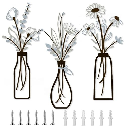 3 Pcs Metal Flowers Wall Art, Metal Artwork for Wall Hanging Minimalist Floral Line Wall Decor Vase Wall Sculptures for Bedroom Kitchen Living Room Patio