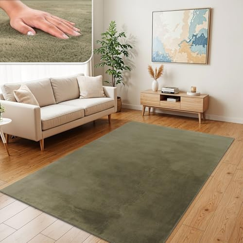 TT Home Wohnzimmer Teppich Hochflor Langflor Kunstfell Weich Modern Unifarben Flauschig, Farbe:Grün, Größe:140x200 cm