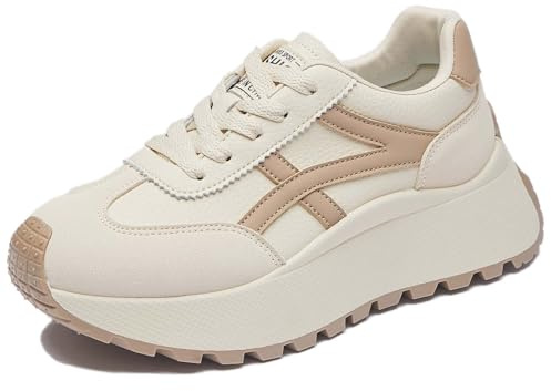 Trcloltc Dammode Chunky plattform sneakers söta, nät bomullsfoder, minnesskum innersula, 4 cm klack, flerfärgad, 852beige khaki, 37 EU