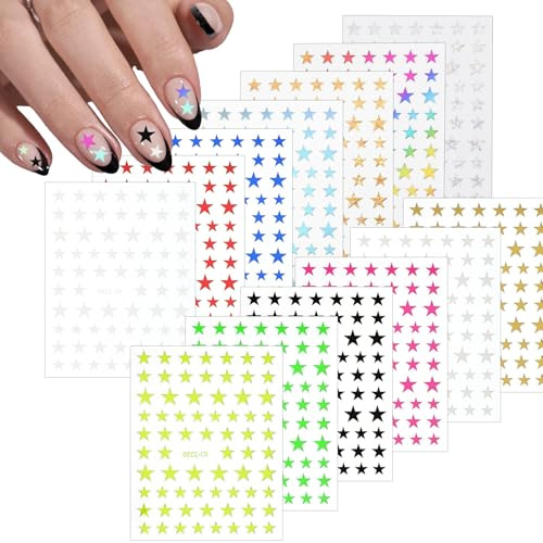 Lot de 13 feuilles d'autocollants pour ongles - Étoiles - Pour le nail art des ongles - Autocollants 3D à paillettes - Autocollants pour ongles DIY - Accessoires de design d'ongles