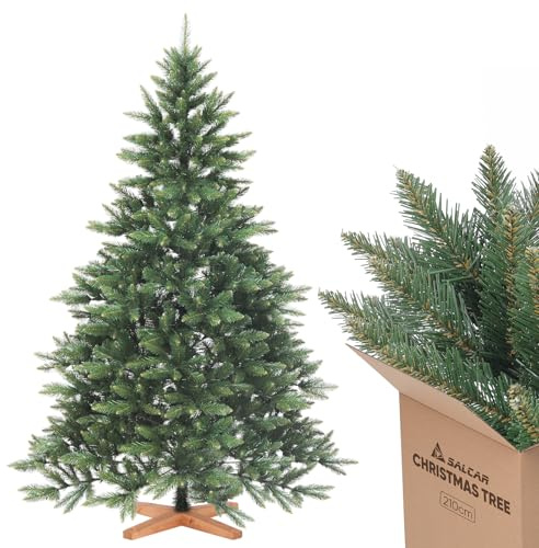 SALCAR 210cm Weihnachtsbaum Künstlich mit Holzständer, PVC Nadeln, Realistischer Christbaum, Hochwertige Dekoration für Innenräume, Einfacher Aufbau