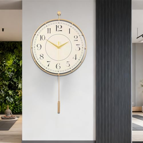 Gilacco Decorative Modern Wall Clock,Silent Non-Ticking Quality Quartz Movement Battery Operated with Pendulum,Wall Clocks for Living Room Kitchen Home Bathroom Bedroom Wall Decor,34x61CM(Beige)