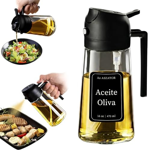 Áz ÁSZATOR Pulverizador Aceite Spray 2 en 1, Aceitera Spray Pulverizador + 8 Etiquetas Personalizables, Dispensador de Aceite Cocina 470ml de Vidrio para Air Fryer, Barbacoa y Ensaladas (NEGRO)
