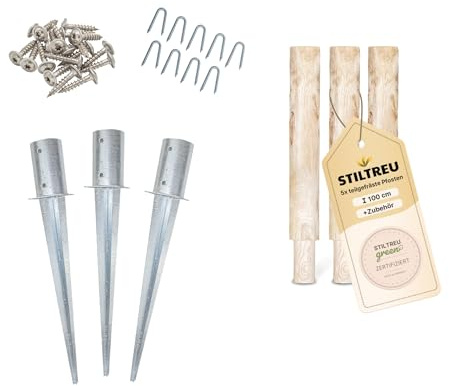 STILTREU 3 Stk. teilgefräste Pfosten aus Kastanie, Länge 100 cm, Durchmesser 8 cm inkl. Einschlaghülsen, Schrauben und Krampen