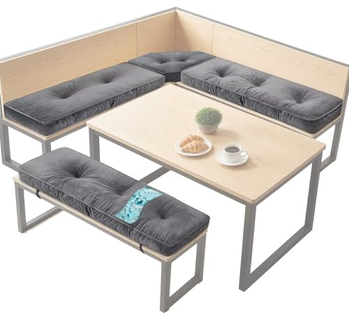 CRAURU 4 Piece Breakfast Nook Cushions Kitchen Corner Nook Cushion Set Shredded Foam Support 3 inch Thick Bench Seat Cushion Pad for Dining(Gray)
