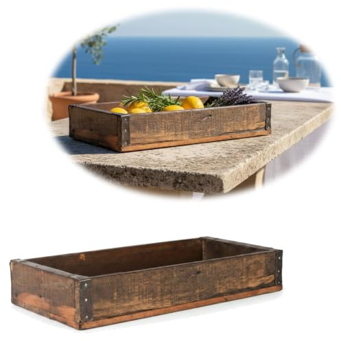 LS-LebenStil Vintage Deko Holztablett | Unika Roadwood | 35x20x6cm | Braun | Recycelt Holz Aufbewahrungsbox Ziegelform Braun | Serviertablett Küchentablett Pflanzkübel Besteckkasten Kerzentablett