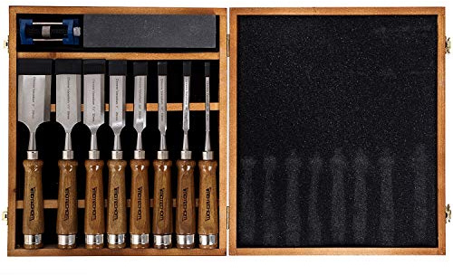 IMOTECHOM 10-Pieces Woodworking Wood Chisel Set with Wooden Box, Honing Guide, Sharpening Stone, Razor Sharp CR-V 60 Steel Blades