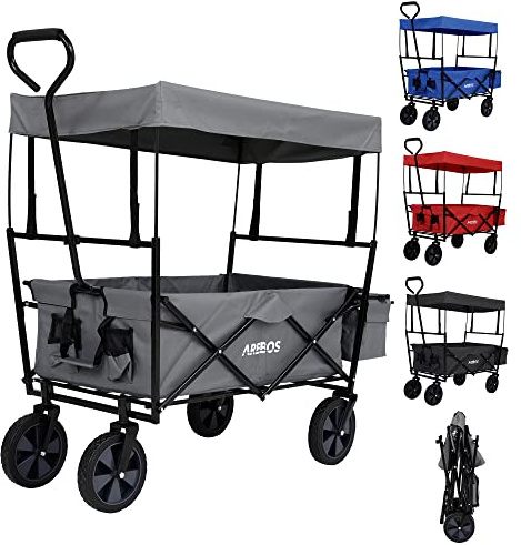 Arebos Carreta Plegable | Carretilla Jardin y Aire Libre con Techo | Carro Playa | Carro de Mano & de Transporte | 2X Bolsillos de Malla y 1x Bolsillo Exterior | Neumáticos de Goma Maciza | 70kg